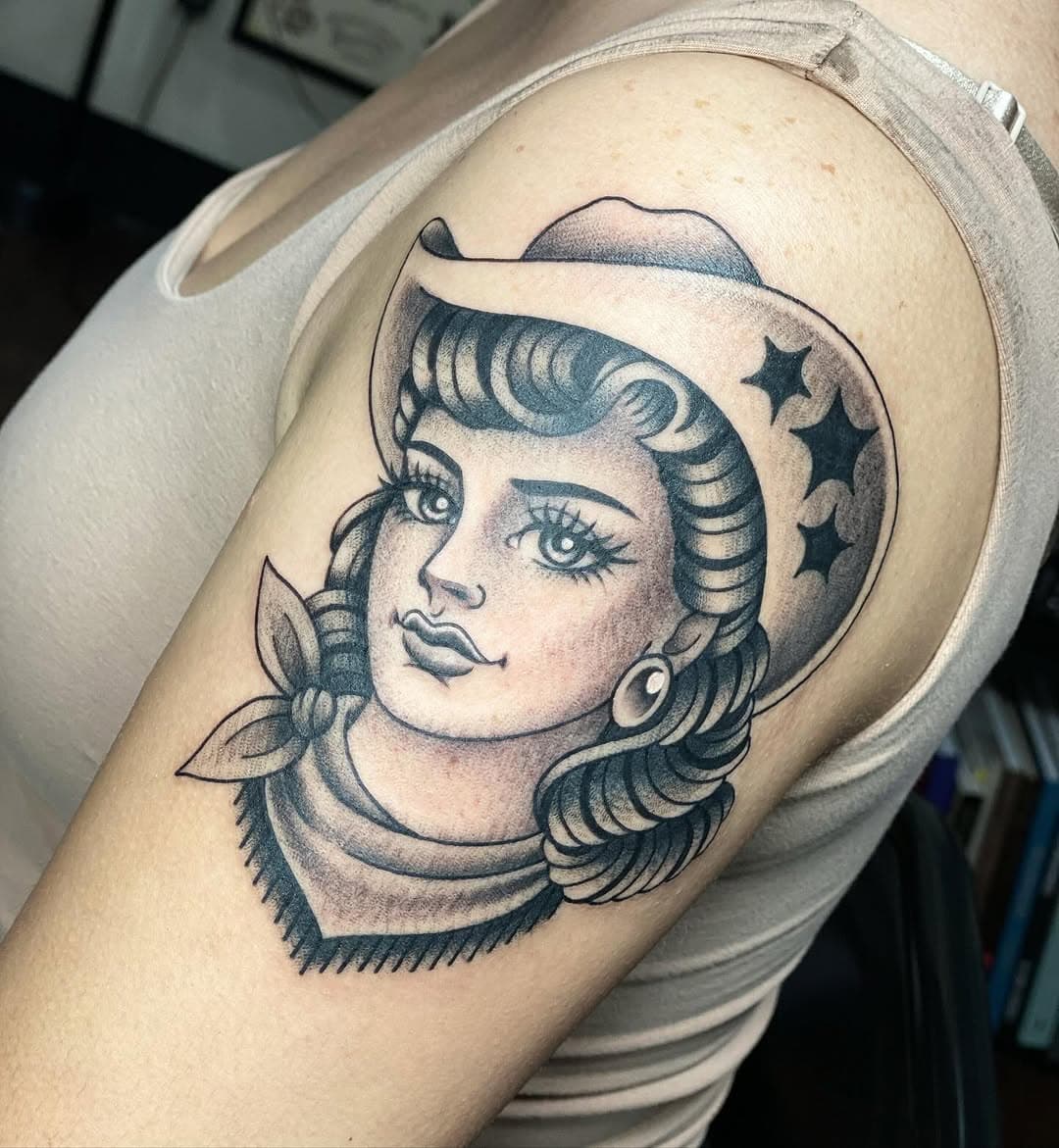 Cowgirl made for Michaela to start off her black & grey sleeve we’ll be working on. Thank you! 💖
.
.
.
.
.
.
.
.
#blackngrey #blackandgrey #traditional #tradtattoo #traditionaltattoo #traditionaltattoos #cowgirl #tattoosnob #tattooflash #tattooworkers #solidink #dynamicink #shagbuilt #dankubin  #cheyennetattooequipment #sandiego #sd #sandiegotattoo #sdtattoo #sandiegotattooartist #sandiegotattoos #sandiegotattooshop #sandiegotattooartists #sandiegotattooer #sandiegotattooshops #454tattoo #encinitas #encinitastattoo #threeseastattoo #chelstineclibourne