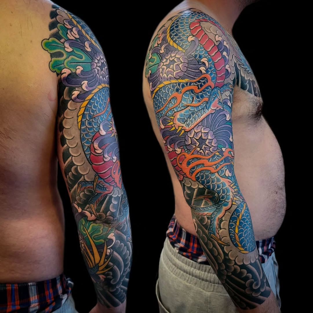 Different views of Jonathan's dragon and chrysanthemum sleeve by @feoberumen made @hiddenplace_sf