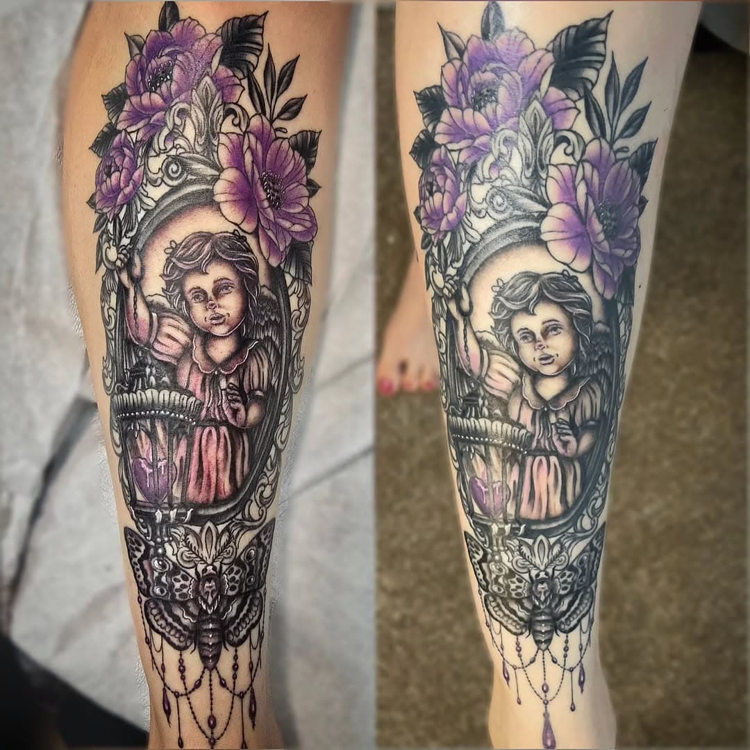 Fresh vs 5 days settled and healing! 💜
This is a tattoo for Tiff's grandmother, and the whole custom design idea was hers.
For appointments, please use the link in my bio!

For questions, please email: jordyface.tattoos@yahoo.com

-
-
-
-
-
#blacktattoo #colortattoos #lasvegastattooshop #blacksacrament #shintattoo #femaletattooartist #womanownedbusiness #frametattoo #moth #lasvegastattooers #mothtattoo #angeltattoo #cherubtattoo #tattooartist #memorial #flowertattoo #awesomeink #cutetattoos