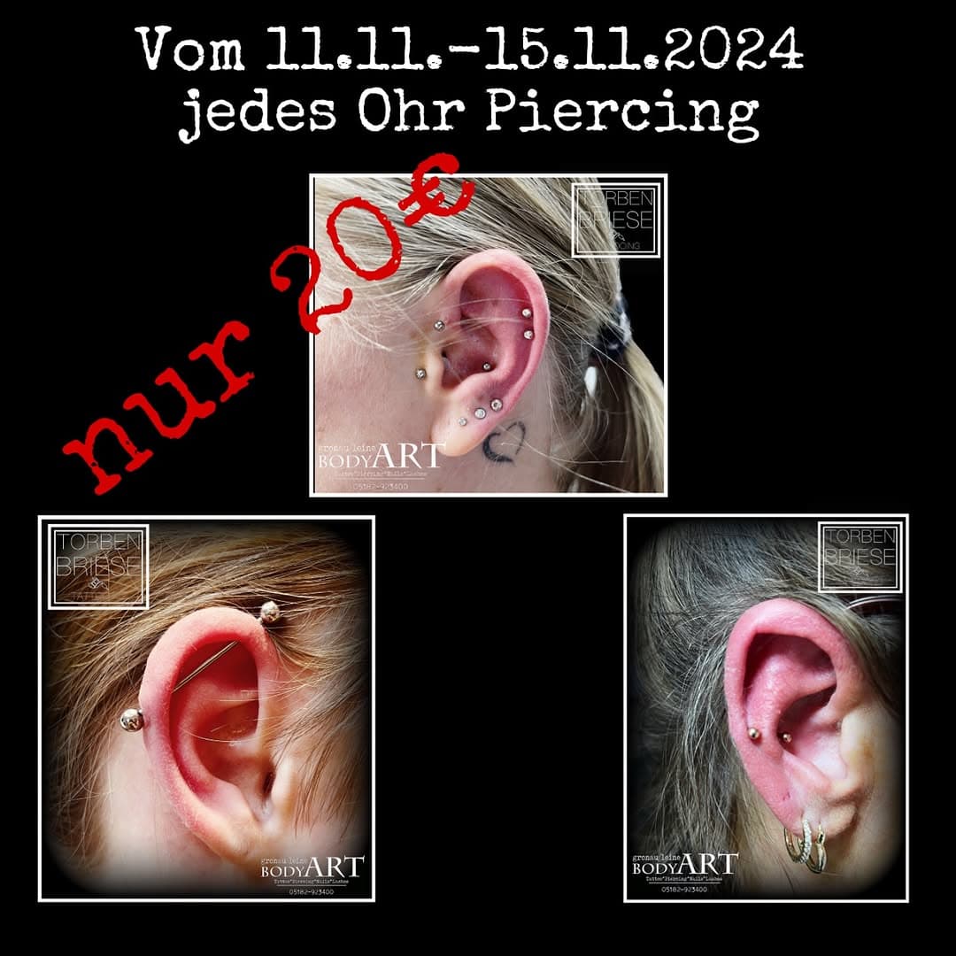 Bock auf Löcher im Löffel? Vom 11.11.-15.11.2024 gibt es jedes Piercing am Ohr für 20€ inkl. Erstschmuck. 
Bitte unbedingt einen Termin vereinbaren…..

@bodyartgronauleine @torbenbriesetattooing #piercing #gepierct #ear #conch #helix #forwardhelix #traguspiercing #pierced #gronauleine #alfeldleine #titan #tattoo #tattooandpiercing #piercingshop