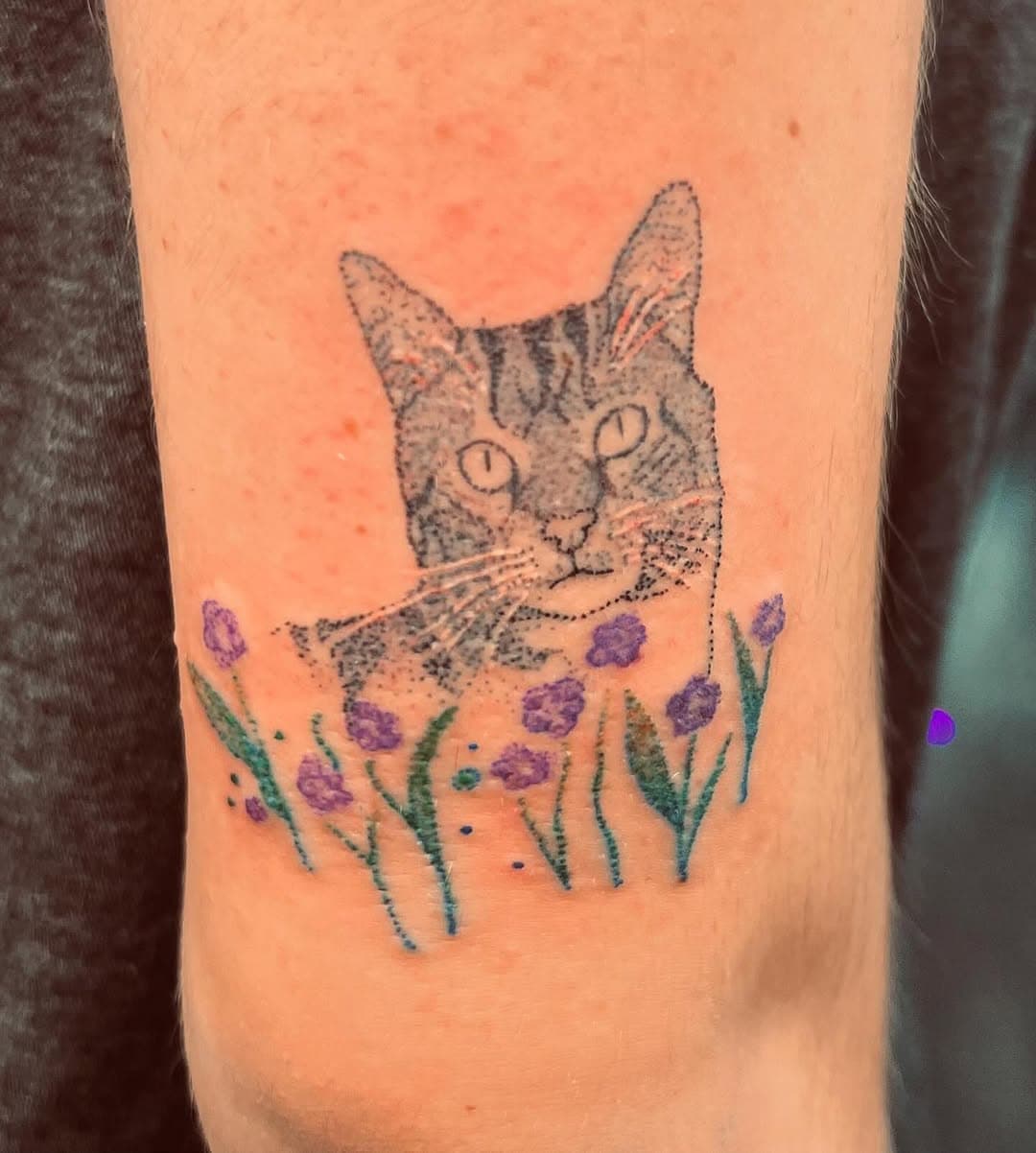 A stippled cat portrait by @tattoos_by_caroline #petmemorialtattoos #petmemorial