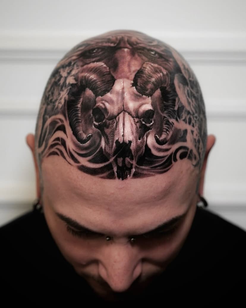 Bold. Dark. Intense. 🔥🖤 Goat skull & faun eyes head tattoo done in black & gray realism during a private seminar at my Academy. From Naples 🇮🇹 to Las Vegas 🇺🇸 bringing you world-class ink. New shop opening soon in Vegas! #HeadTattoo #GoatSkull #BlackAndGray #RealismTattoo #ivanonataleTattooAcademy #LasVegasTattoo  #Naples #InkCulture #thygallerytattoostudios #ThyGsinCity #ivanonatale #wearethe51stSTATE