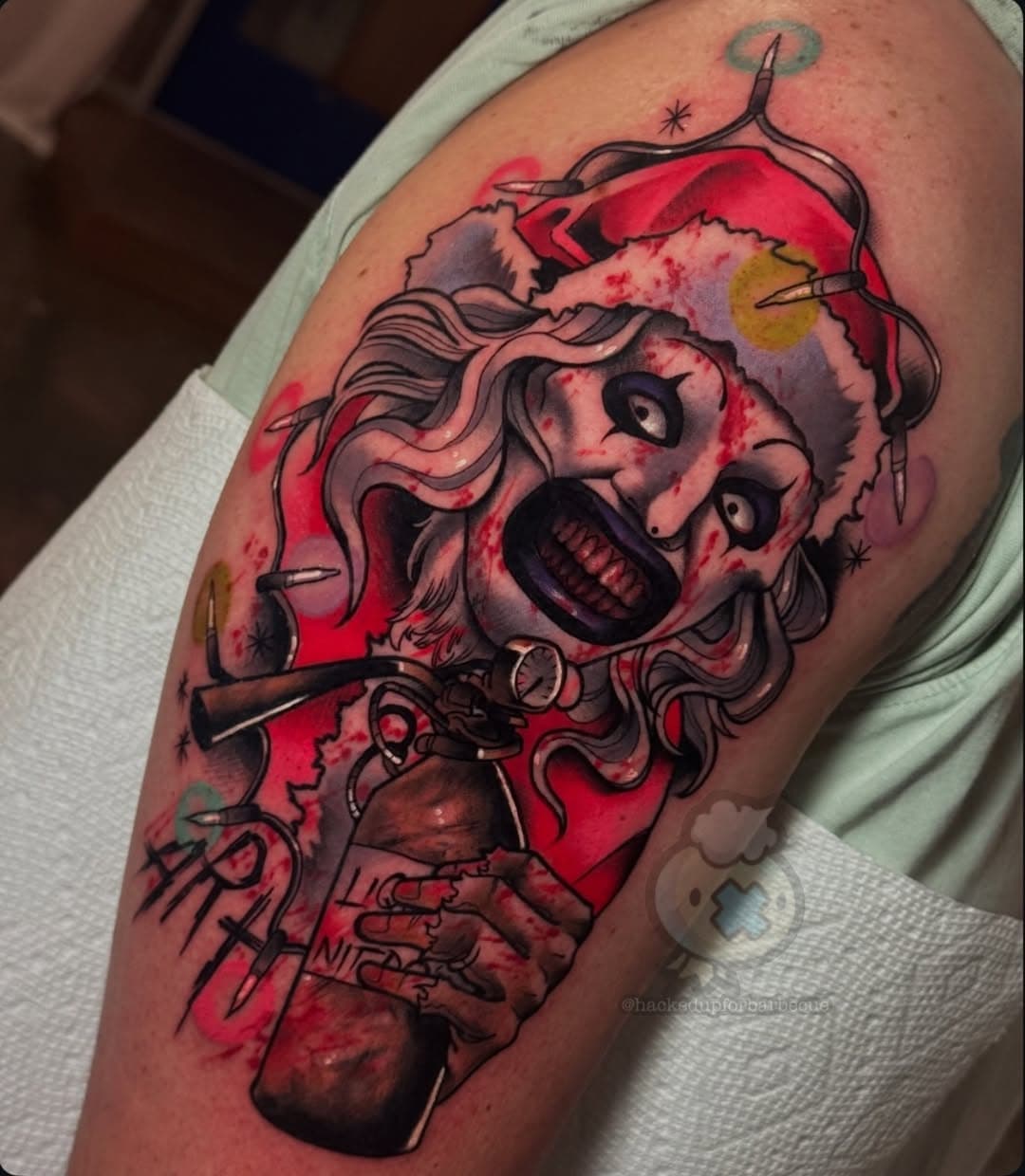 I got to tattoo my terrifier 3 flash design today 🔪 super stoked !! 🩸 #terrifier#terrifier3#arttheclown#horrortattoo