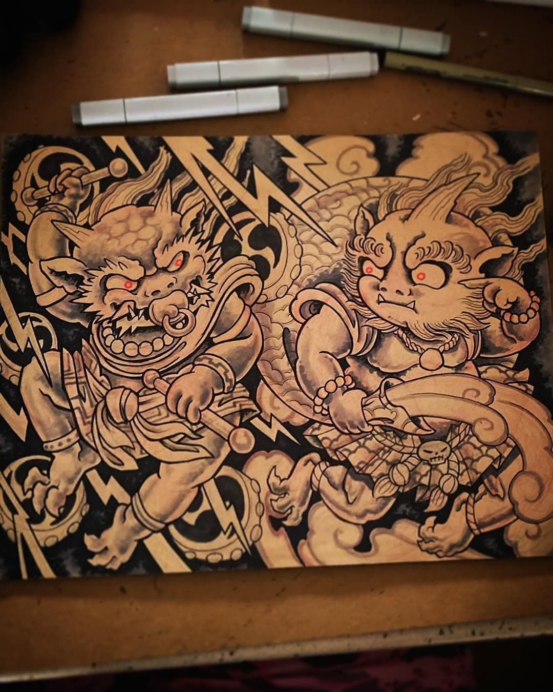 Baby #Raijin and #Fujin #雷神  #風神  pen and markers
