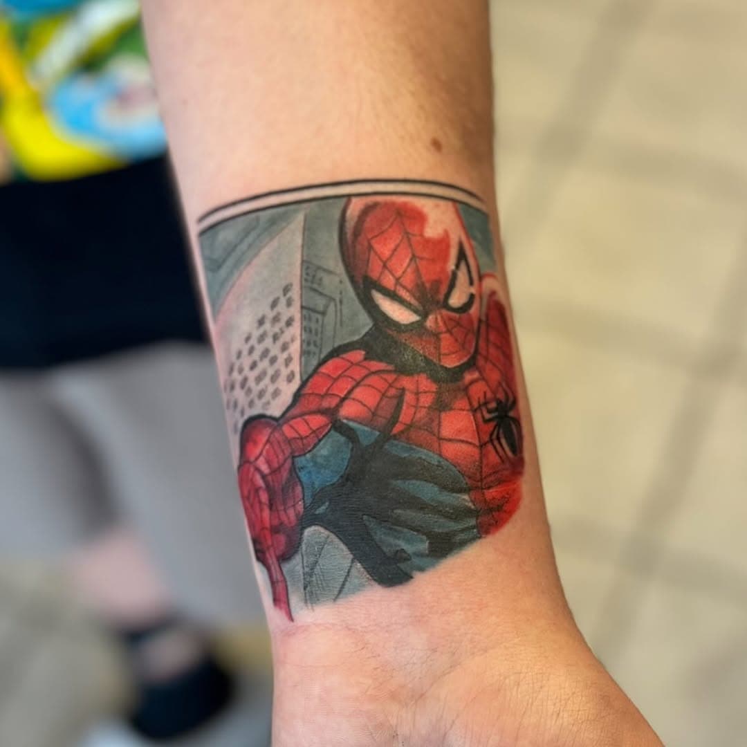 Started this superhero panel piece with good ol’ Spidey! Done with @axysrotary and @industryinksusa 
.
.
.
#tattoo #tattooed #tulsa #oklahoma #okie #spiderman #marvel #marveltattoo #femaleartist #firsttattoo