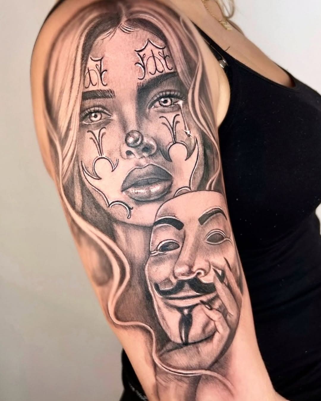 Start of a sleeve for Danica✨Done at @fempiretattoostudio 
•
•
•
•
#realism #realismtattoo #realismart #tattoo #tattoos #tattooart #tattooartist #amsterdam #tattooshop #chicano #clownmakeup #clown #clowntattoo #tattoostyle #tattooideas