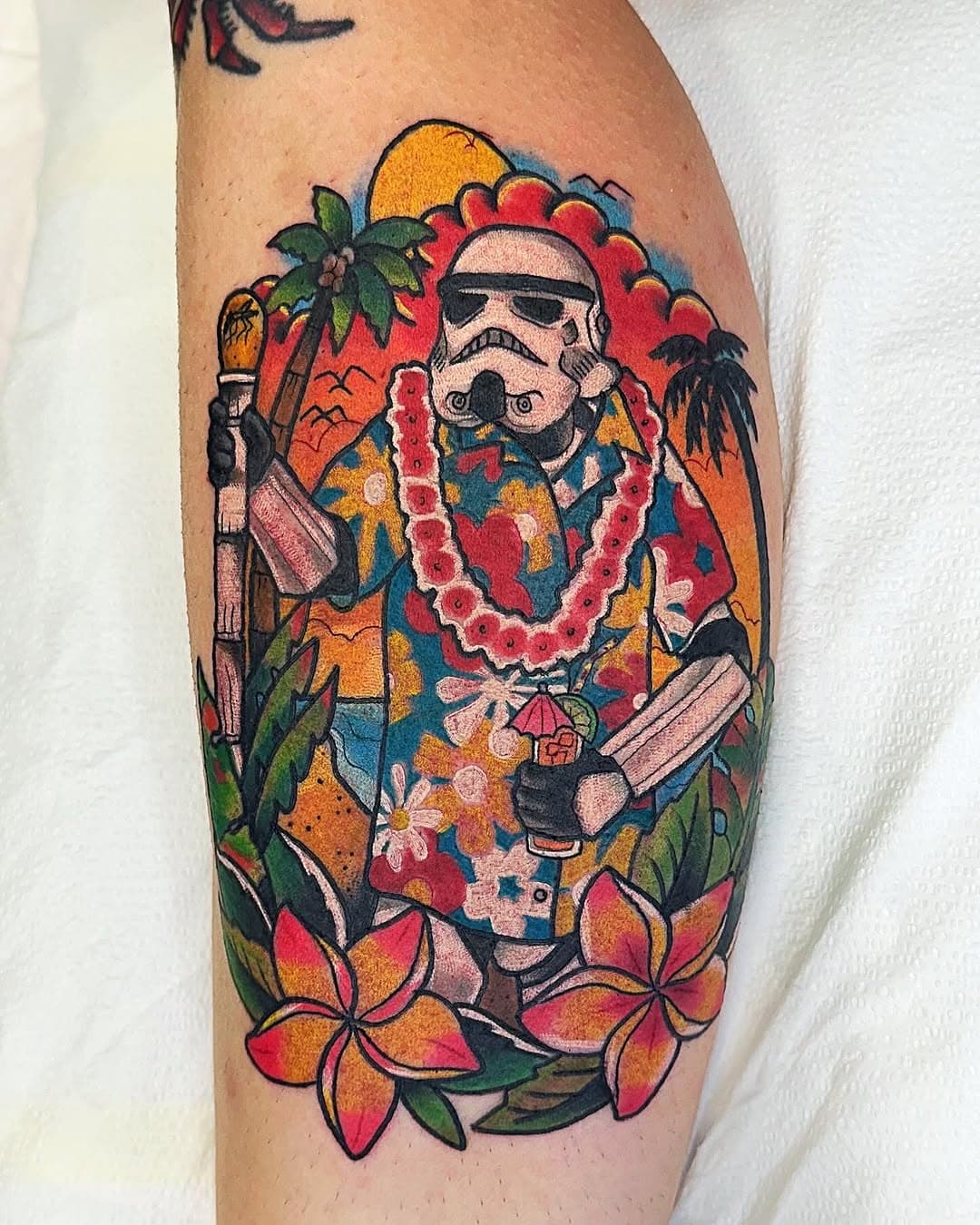 Livin Aloha from the Galactic Empire is paramount. Remember to treat yourself with kindness❤️Thank you @junycarter for this fun tattoo. You are  fantastic,I wish you many more days of peaceful space. Star wars with a Jurassic Park cookie thrown in…Done @bluetikitattoo #kapaatattooshop #ladytattooers #kauaitattooartist #kauaitattooshop #tattooshopkauai #tattooartistkauai #colortattoos #colortattooartist #colortattookauai #traditionaltattoo #traditionaltattooskauai #starwarstattoo #starwars #starwarsnerd #stormtroopertattoo #stormtrooper #jurassicpark #johnhammondcane #tropiditional #tropiditionaltattoo #stormtrooperonvacation #neotropical #ladiesoftattooingworldwide #tropicaltattoo #bluetikiart