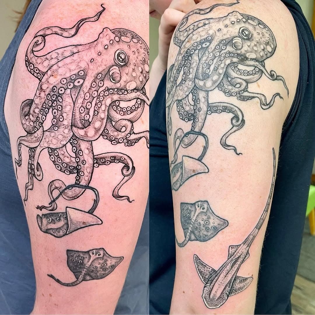 Forgot to post this nurse shark addition to Charlie’s growing marine sleeve from a while back. While she’s away at school, we will be contemplating what beautiful see creatures are next, as we got distracted by her other arm.
#marinesleeve#seacrestiretsttoo#octopustattoo#blackandgraymarinelifetattoo#badgertattoo.com#coloradofinelinetattoo#westernslopetattoo#tattoogunnisonco#tattoocrestedbutte