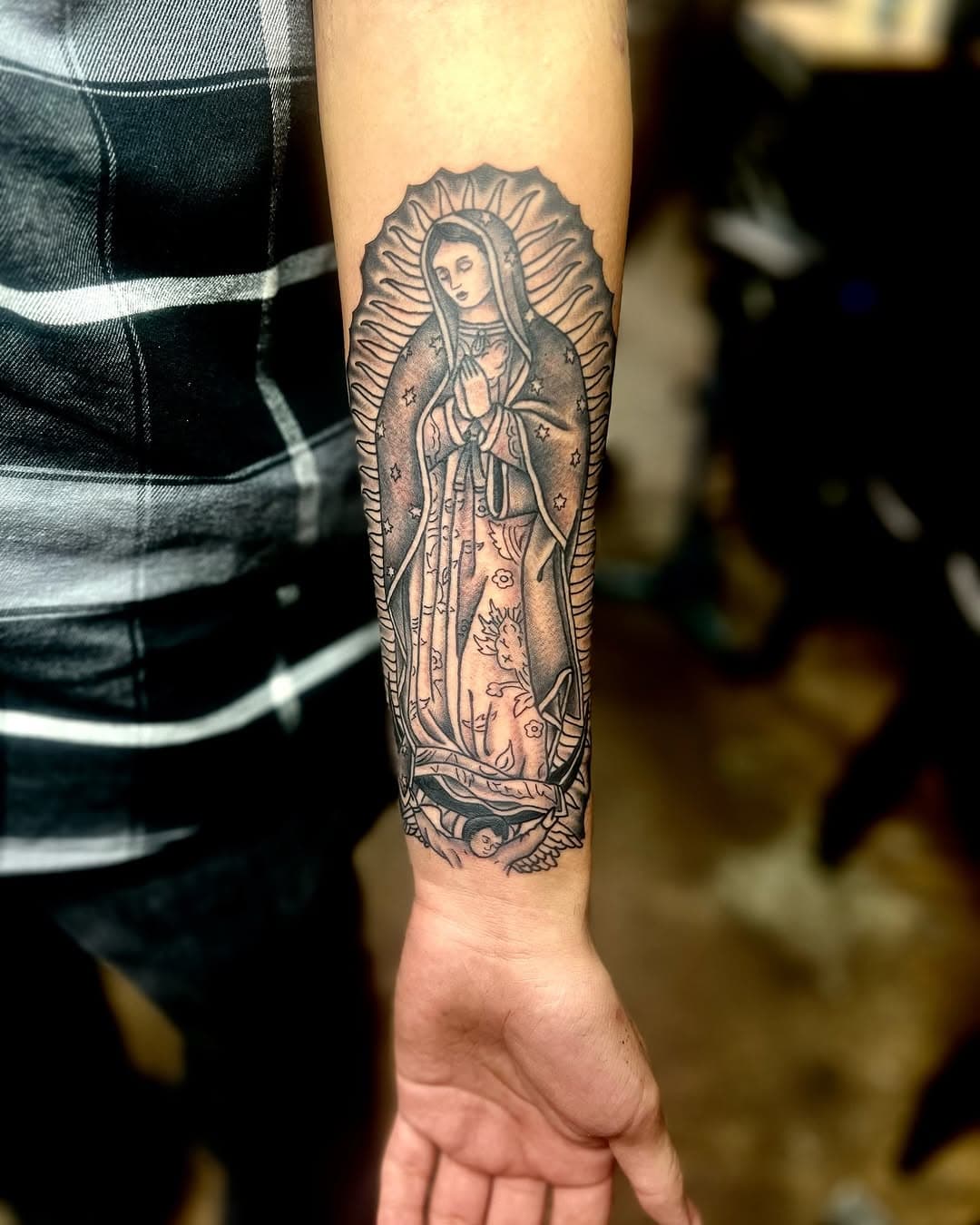 Our Lady of Guadalupe 
Done @legendtattootx 
I have availability in December 
Swing by the shop or 
Shoot me a text 
817-655-0959 
And let set something up 
Thank you 🙏