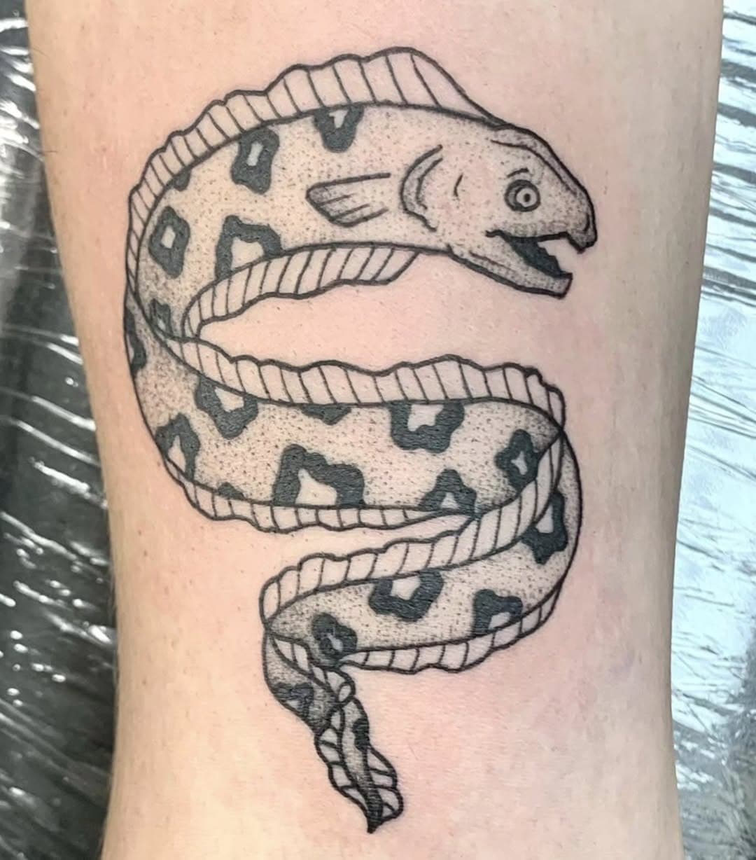 Awesome eel tattoo from @ratbabytattoos
Jay loves tattooing fish, and other animals.
•
Set up an appointment with Jay at americantattoostudios.com 
Or stop in to check out his flash, 
or share your ideas for your next tattoo.
•
#americantattoostudios #ratbabytattoos #stippling #illustrativetattoo #clevelandtattooartist