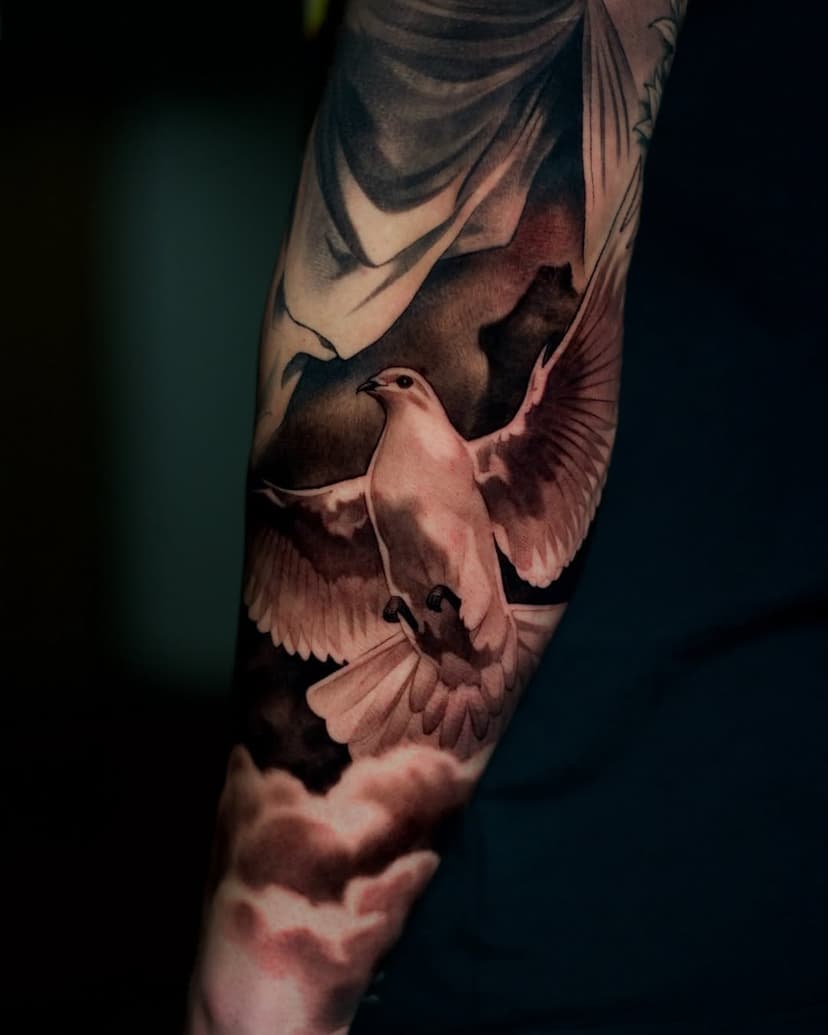 Danny’s sleeve in progress. 

The brief: an angelic themed sleeve to commemorate a late friend.