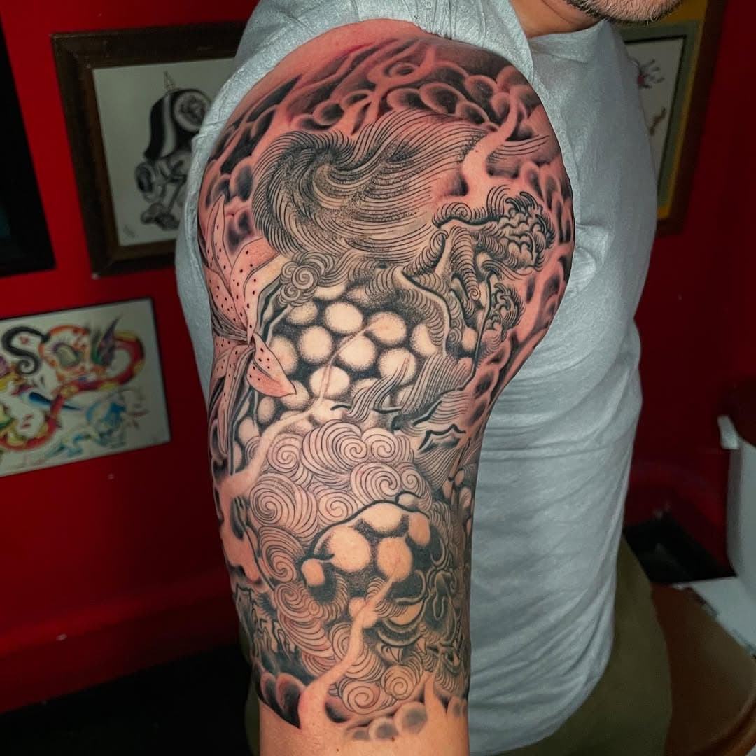 #finished #traditionaljapanesetattoo #foodogtattoo #blackandgrey #blackandgreytattoo #goodcleanfun #halfsleeve #dallas #texastattoo #oakcliff #japanese #japanesetattoo #blackclawneedle