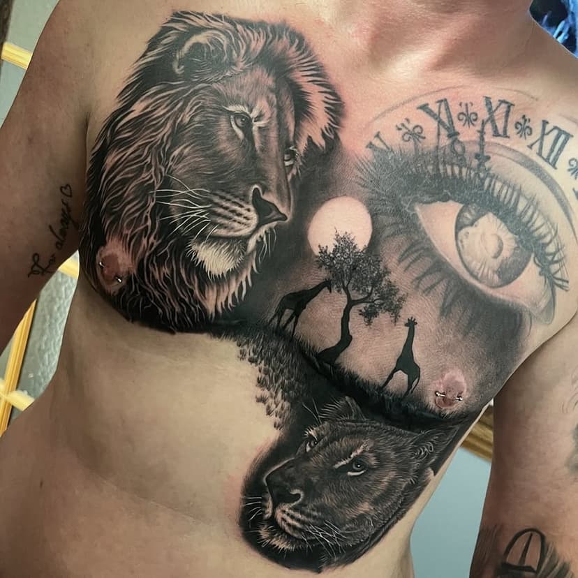 Two dayer scar cover up #chesttattoo #chesttattoosformen #ribtattoo #twodaytattoo #largetattoo #liontattoos #liontattoo #safaritattoo #blackandgreytattoos #ezcartridge #dynamicink #uktattooartists #uktattoo #kingslynntattoo