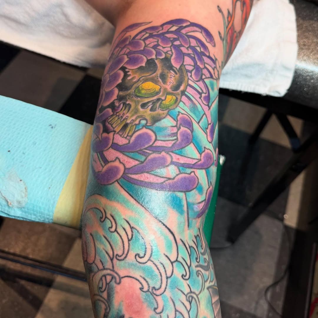 Flower color fresh, water healing from last sitting. @eights_aces_flip  #crysanthemumtattoo #skullandcrysanthemum #eightsandacestattoo #eightsandacesflip
#americanatattoos #traditionaltattoo #traditionalwork #bright_and_bold #tattoosnob #traditionalartist #santacruztattoo #sanjosetattoo #montereytattoo 
#ucsc
#santacruzbeachboardwalk
#capitolatattoo
#pleasurepoint
#feedthealgorithm