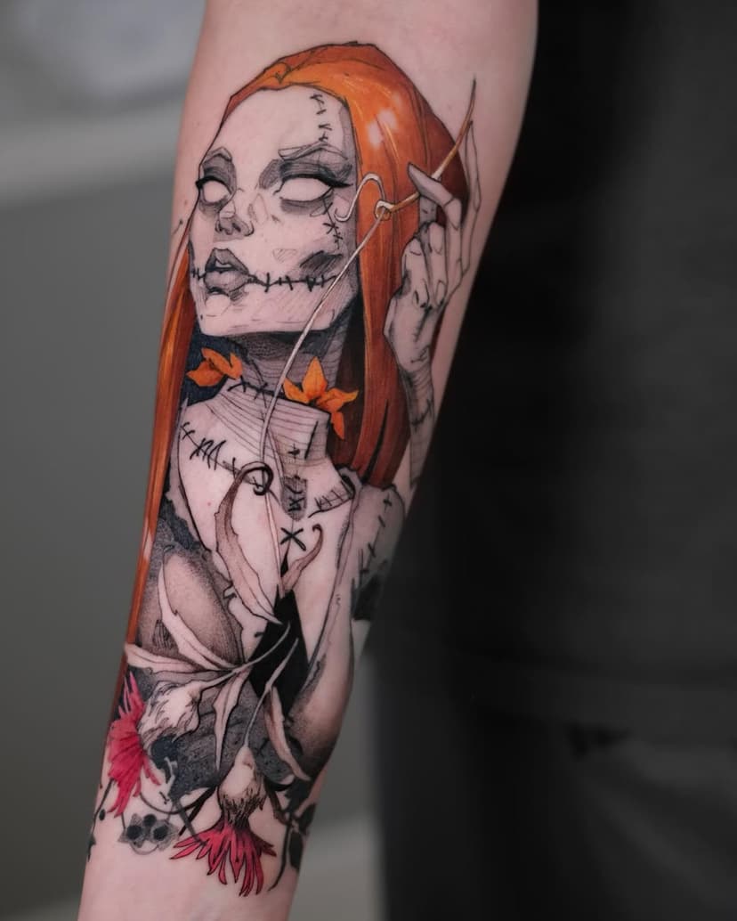 Here is my interpretation of Sally 

Done in 2 sessions 

——————————
#nightmarebeforechristmastattoo 
#sallytattoo