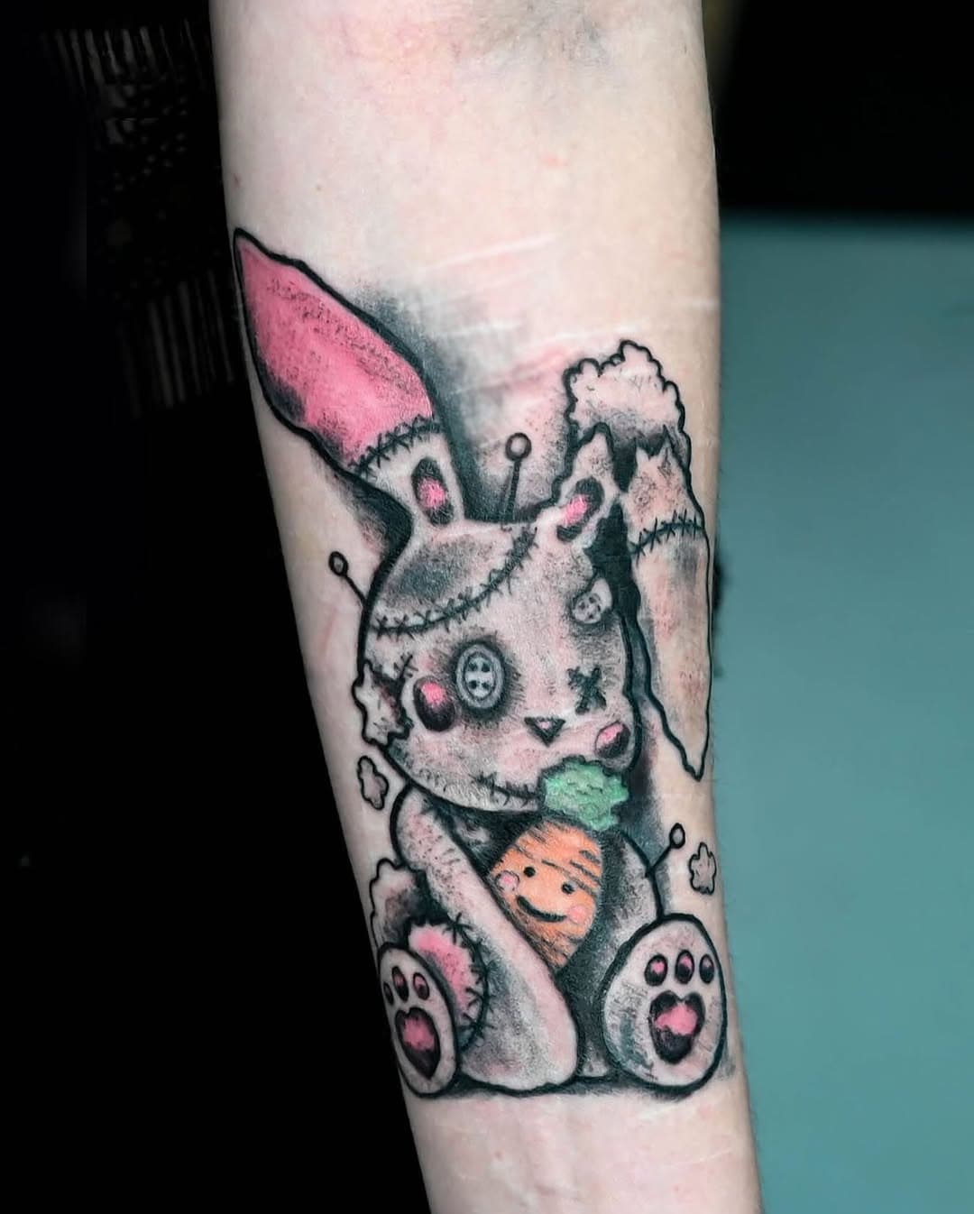 Bunny Stuffed Frankenstein stitched up with happy carrot.. tattoo by Fred @phoebustattoo 
Text 302-588-4686 website: Fufred.com

#darktattoo #darkart #stpetersburgflorida #tattoo #stuffedtoy #bunnytattoo #bunny🐰 #tattooartist #tampatattooartist #stpete #tampafl #detailtattoo #fufred