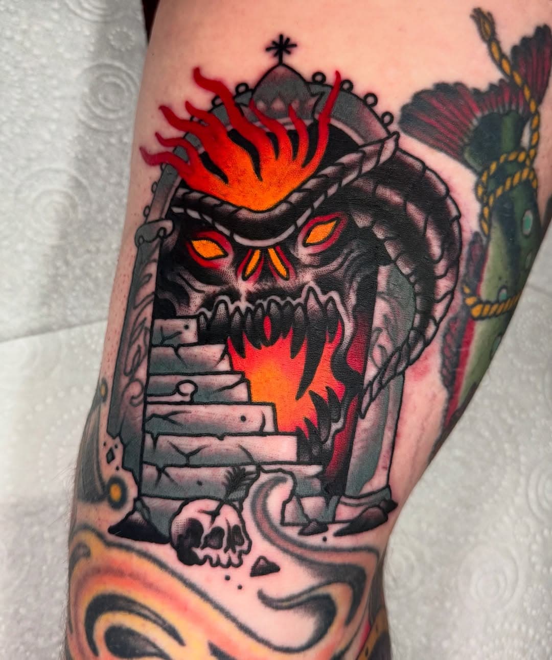 Balrog X Moria doorway for the legend @rb.tattoo 🙏🏻 part of a trade that he included on his trip over from floria 🇺🇸 thanks man! As always, LOTR tattoos more than welcome, DM to book