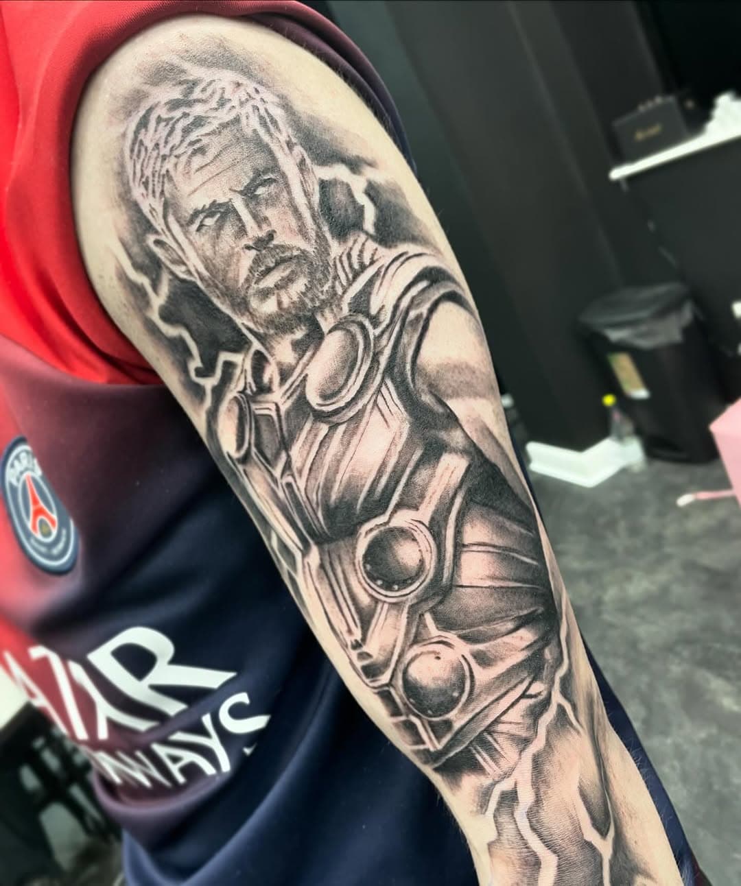 Thor from yesterday #marvel#marvelsleeve#tattoo#art#tattooartist#ink#artist#blackandgrey#realism#thor#thortattoo