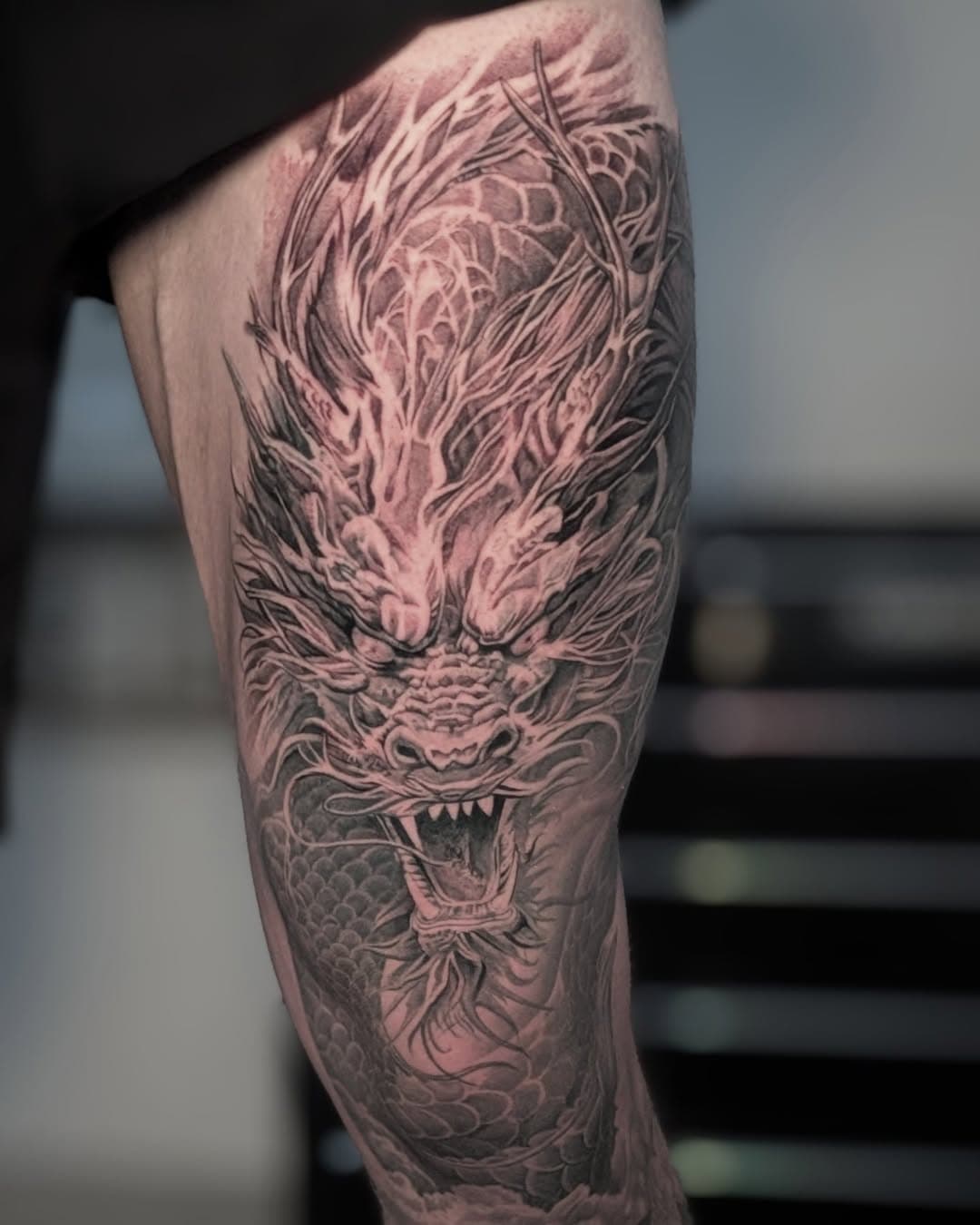 Dragon for Clayton as we continue his Japanese themed leg sleeve. Some healed some fresh #bngtattoo #blackandgreytattoo #legsleevetattoo #dragontattoo