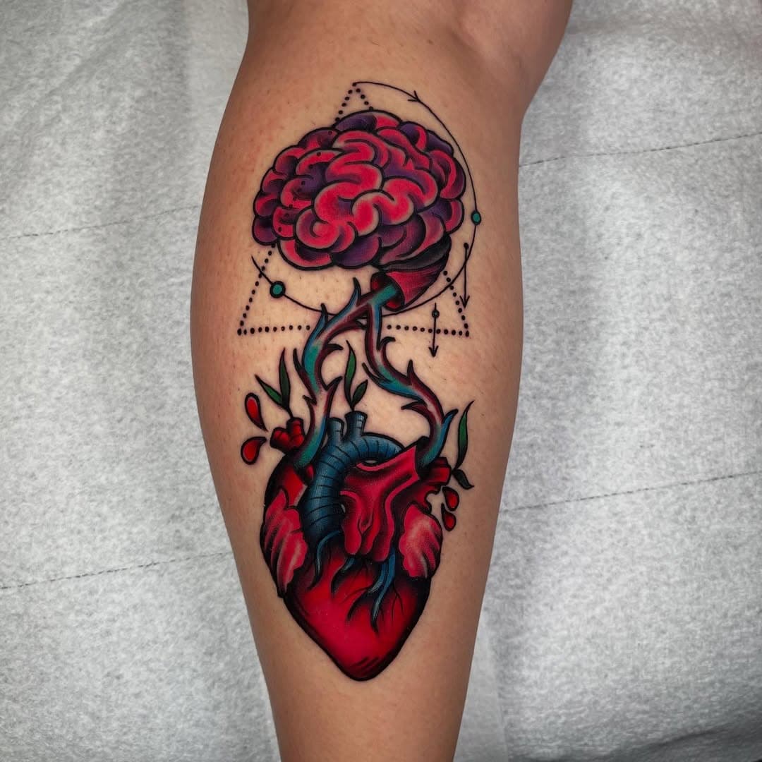 Really had to put the thinking cap on and stretch the art legs on this wildly interesting ask.  Thanx for the challenge and trust Diane.  Done @mountainviewtattooparlor #hearts #heartart #anatomicalheart #anatomicalhearttattoo #brain #brainart #braintattoo #bold #boldwillhold #traditional #traditionaltattoo #illustrativetattoos #colortattoo #funtattoos #pma #hooliganzartnink