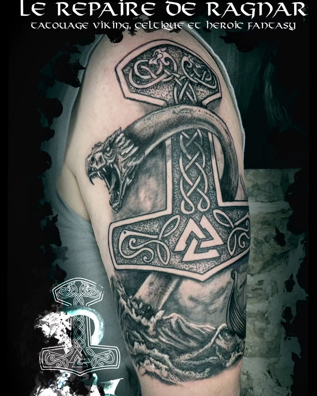 Pour son premier tatouage, mon client voulait un mélange de style réaliste avec un motif viking plus "authentique ". 6h de travail sans grimacer ou presque 😅.
#tatouage #sea #jormungandr #nordic #thor #mjolnir #Ragnar #lerepairederagnar