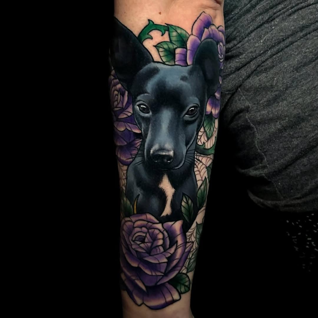 Puppy healed, Flowers fresh! Another piece to this pet portrait sleeve. 🐕 🐈‍⬛ #petportrait #petportraittattoo #rose #rosetattoo #neotraditionaltattoo #tattoo #ink #dylansartin #pantherhearttattoo #neotraditionalroses