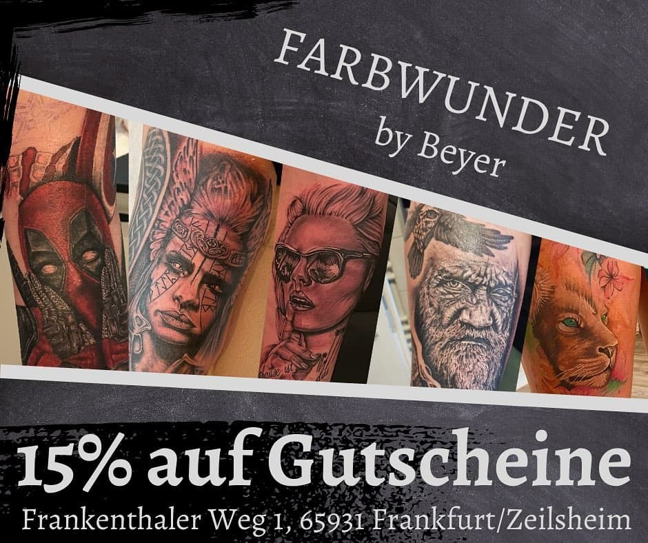 ⭐️🎄15% WEIHNACHTSAKTION 15%🎄⭐️
 TATTOO-GUTSCHEIN 

Noch auf der Suche nach dem passenden Weihnachtsgeschenk für deine/n Liebste/n oder auch für dich selbst? 

Dann nichts wie los. 🎁🎁

Bis zum 20.12.2024 erhaltet ihr bei mir im Studio
Gutscheine, die ab Januar eingelöst werden können. 

Gutscheine auch mit Paypal-Zahlung und zum selber ausdrucken erhältlich.

z.b. 

100€  für  85€ 

150€  für  125€ 

200€  für  170€ 

Jeder Wunschbetrag ist natürlich möglich. 

Bitte vereinbart einen Abholtermin mit mir, telefonisch oder per WhatsApp, da ich nur nach Terminen geöffnet habe.

Ich freue mich auf euren Besuch. 

FARBWUNDER BY BEYER in Frankfurt Zeilsheim.  #frankfurt #frankfurtammain #zeilsheim #sindlingen #mtk #hofheim #hattersheim #frankfurttattoo #frankfurttattooconvention #frankfurttattoostudio #tattoo #tattooist #tattooart #tattooideas #tattooartist #tattooing #tattooink #tattoolife #tattoodesign #tattoolove #weihnachten #weihnachtsgeschenke #gutscheine #tattoogutschein