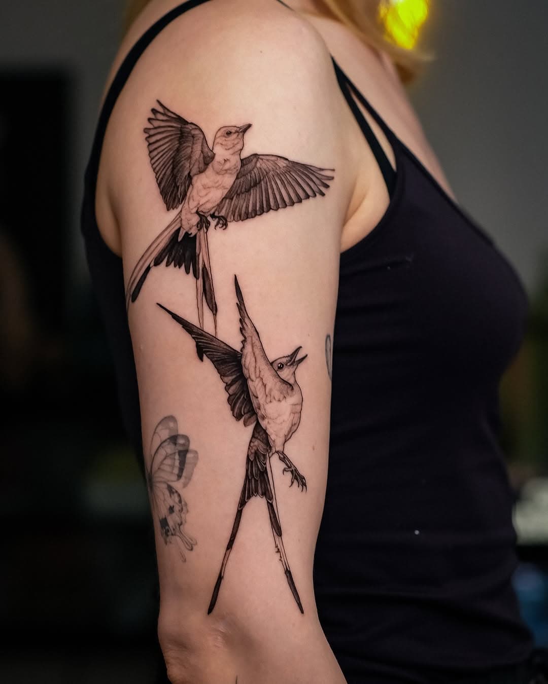 *** CURRENTLY BOOKING YEAR 2025 - link in BIO ***

Two scissor-tailed flycatchers (Tyrannus forficatus) for Róża 🪽🪶 
✨ Done at @muka_studio ✨
.
.
.
.
.
#birdtattoo #birdstattoo #flycatchertattoo #flycatcher #dotworkers #tatuaje #тату #graphictattoo #polishtattoo #neotraditional #lamadelray #tatuaż #tattoo #tattooartist #illustrationtattoo #krakowtattoo #polandtattoos #tattoos #fineline #pepaxcartridges #pepax