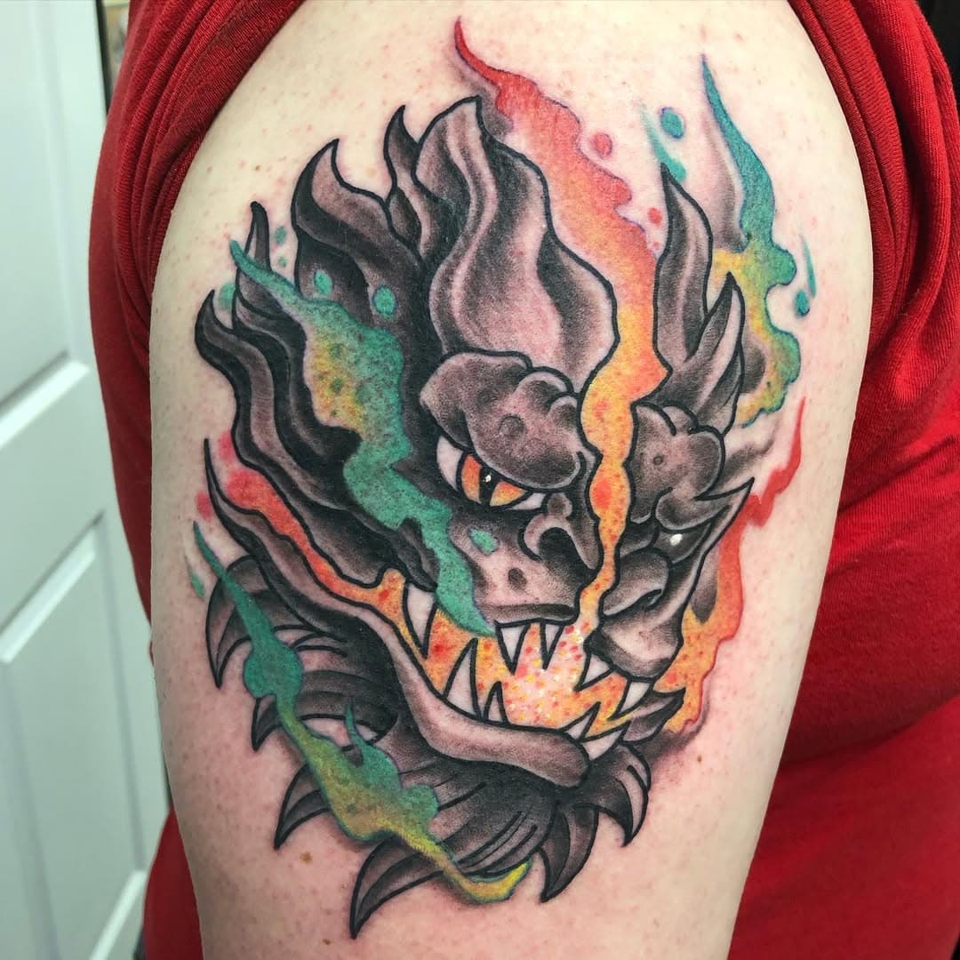 Fu lion mash up @vyleruse #tattoos #pinellaspark #stpete #inkstagram #tampabay #tats #neojapanese #fulion #floridatattooartist #besttattoos #radtattoos