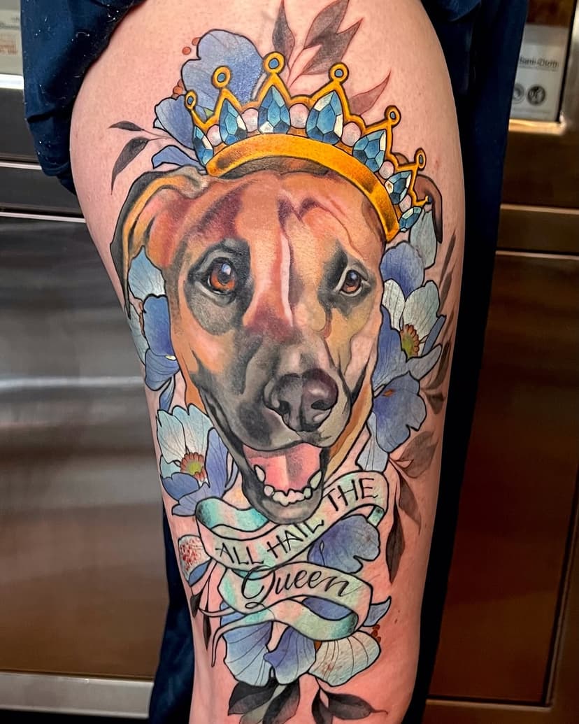 It was SO fun finishing up on this lively cover-up piece, featuring this Queen!
Thanks Allyson, for bringing me your project. I hope she approves.
Swipe to see the cover-up in progress.