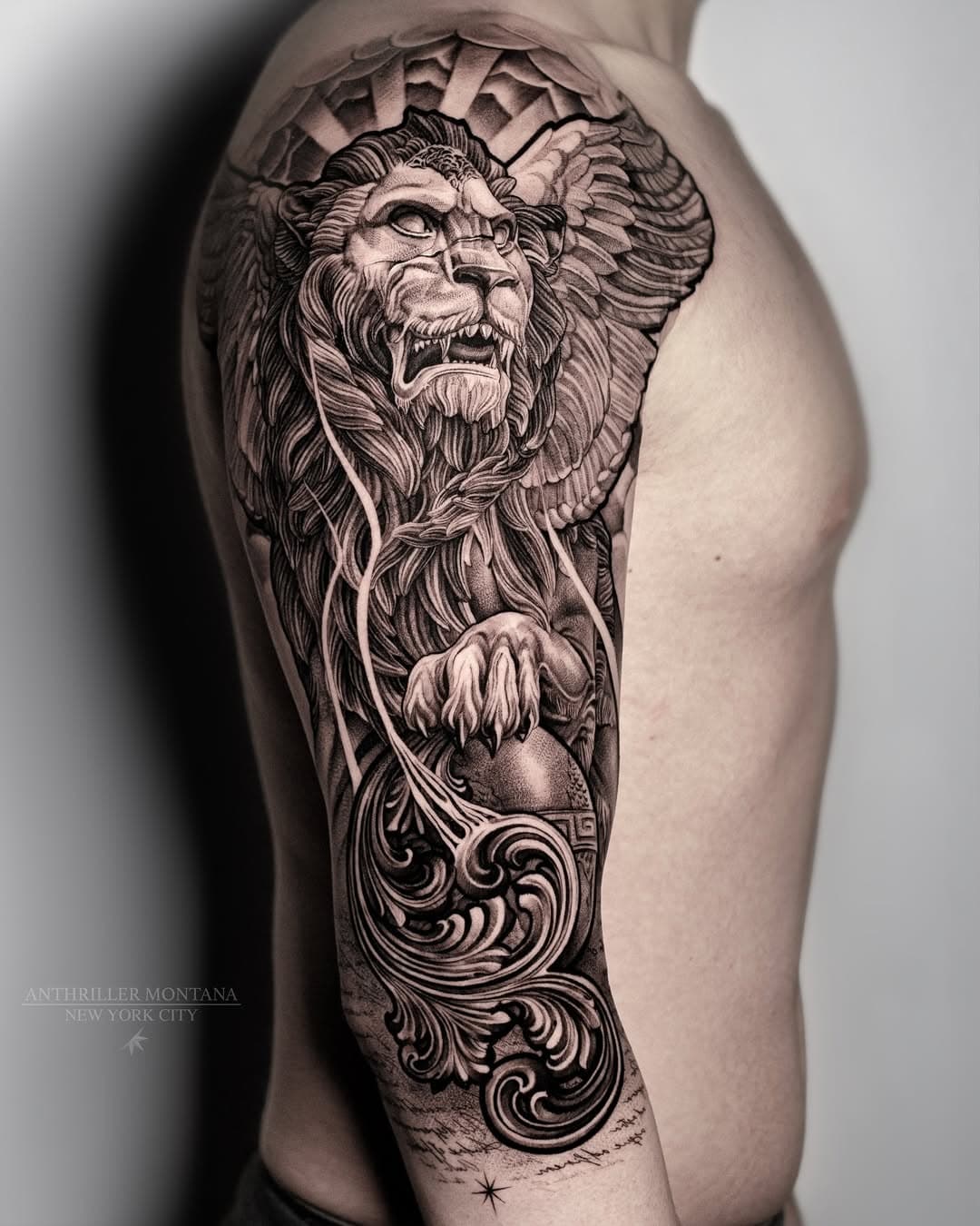 Winded lion 🏛️ A symbol of prosperity, power, bravery, wisdom, and royalty ⚜️
My books are now open for February / March in NYC, email or fill out the form on my website. 
📍 @inked_nyc 
🖊️ @fytsupplies 
#windedlion #liontattoo #greekmythology #greekmythologytattoo #sleevetattoo #newyorktattooartist