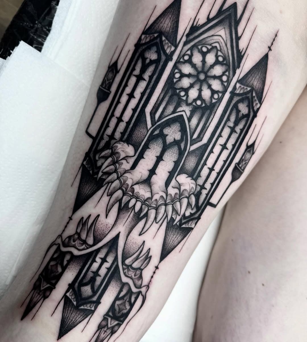 Goth tattoo for @ambergoldietattoo today, I really enjoyed designing/drawing this tattoo for her #goth #gothtattoo #gothic #gothictattoo #cathedral #dotwork #dotworktattoo #blackworktattoo #btattooing #blackwork