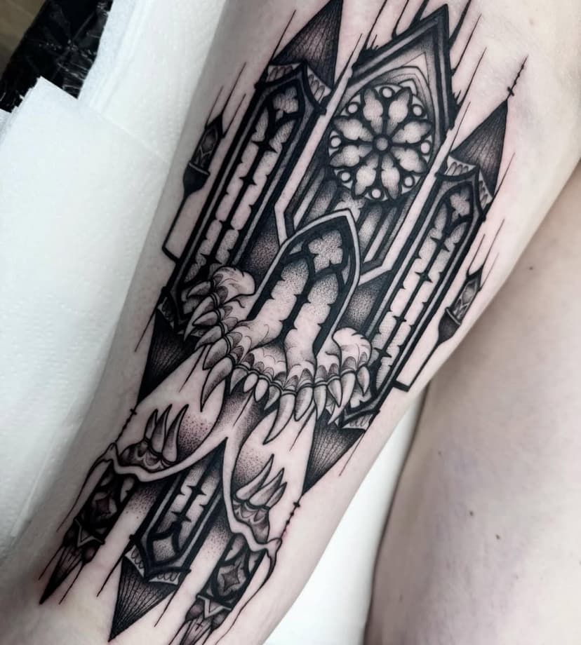 Goth tattoo for @ambergoldietattoo today, I really enjoyed designing/drawing this tattoo for her #goth #gothtattoo #gothic #gothictattoo #cathedral #dotwork #dotworktattoo #blackworktattoo #btattooing #blackwork