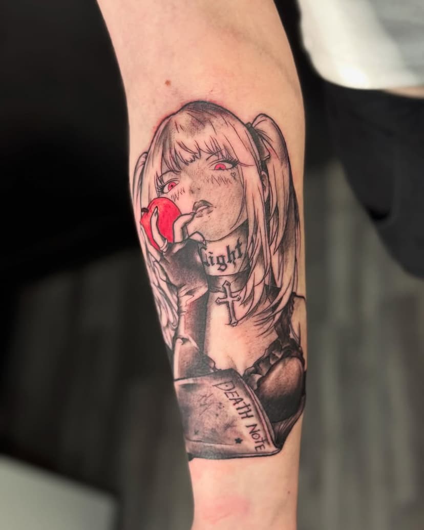 Misa from Death Note 🍎
.
.
.
Sponsored artist by @terramedtattoobalm2023 
.
#tattoo #tattoos #tat #tats #anime #animelove #animelovers #nerdtattoos #nerd #deathnote #blackandgray #blackandgraytattoo #armtattoo #egirl #tattooedwomen #tattooedgirls #tattoolife #tattooaddict #tattooaddicts #manchester #chorley #tatuaże #tatuażeuzależniają #tattooworld #positivevibes 
.
@tattooeverythingsupplies 
@rawtattoosupplies 
@rawpigmentseu 
@rawpigments 
@ghostcartridges 
@ghosttattooco 
@thermatekk 
@peachtattoosupply 
@peachcartridge