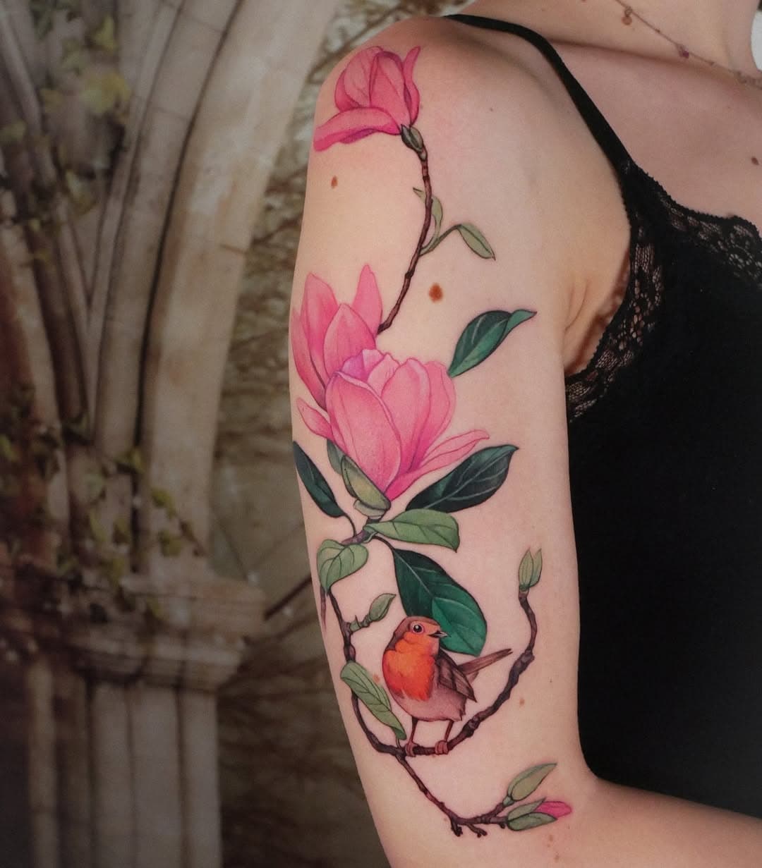 Magnolias and a Robin

A sweet project for Marianna dedicated to her grandfather, such a lovely pair of subjects!
Her grandmother gave her approval for the final result which was truly lovely to hear!
Thank you for trusting me with your first big coloured tattoo, it was a pleasure meeting you and your boyfriend and spending time together.

done at @toivo.ttt
sponsored by @dermalizepro @corporospo
using @kurosumitattooink @worldfamousink

Bookings will open on January 2nd!
#magnolias #robin #bird #flowers #tattooart