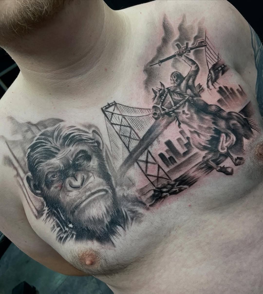 Tattoo from other week, enjoyed it thanks mate! #tattoo#tattooartist#art#ink#blackandgrey#portrait#planetoftheapes#filmtattoo#film#artist#realism#realistic#realistictattoo#dynamo