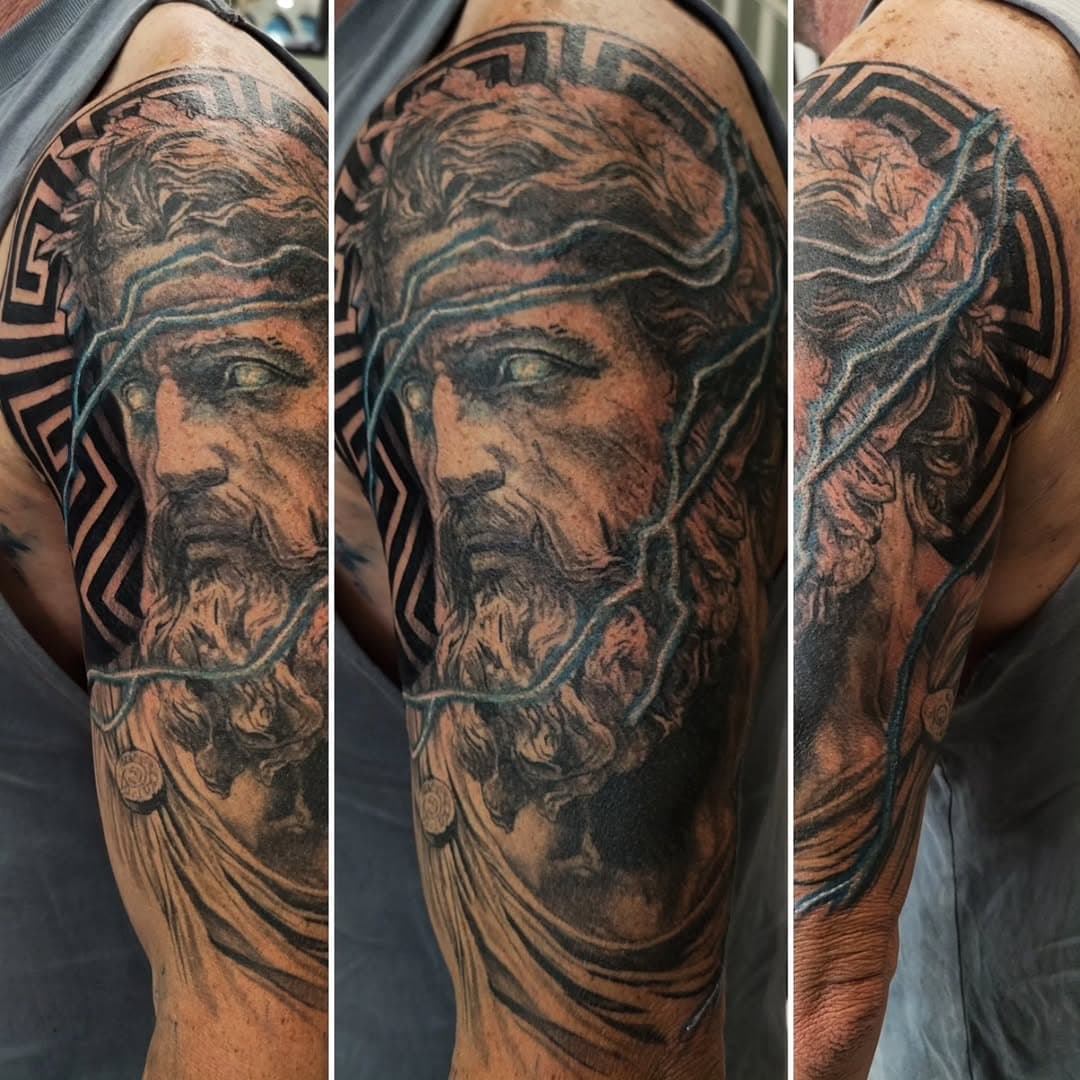 Head healed by fresh on Mick. #tattoo #zeus #godofgods #mythology #greek #realism #portrait #melbournetattoos #tattooist #stkilda