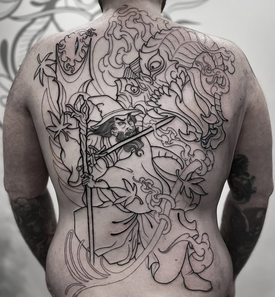 Made a start to this mega Lord Of The Rings back piece 🧙🏻‍♂️ 👹 🔥 Would to do more Japanese inspired pieces from certain films. Gimme your best ideas and I’ll give you the best deals for it. 
.
.
.
.
#neojapanese #lotrtattoo #gandalftattoo #balrogtattoo #lotr #neojapanesetattoo #neojapanesecollective #backtattoos #neotraditional #outlinetattoo #uktattoos #uktattooer #blackpooltattoo