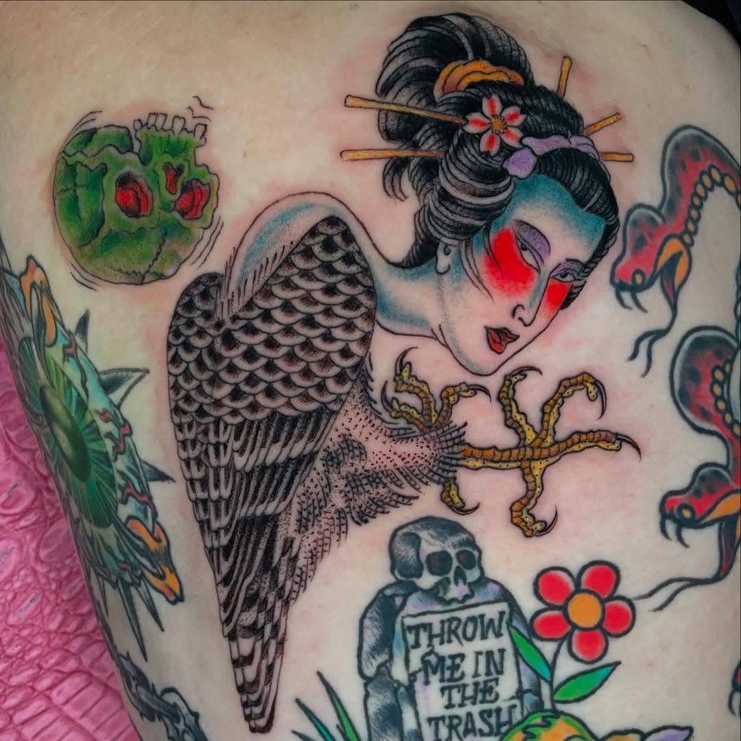 Another fun tattoo on my friend Jen’s leg #weird #harpy #japanese #japanesetattoo #goodcleanfun #painfull #legtattoo #skull #geisha #falcon #dallas #texastattoo #lunapigment #traditionaljapanesetattoo