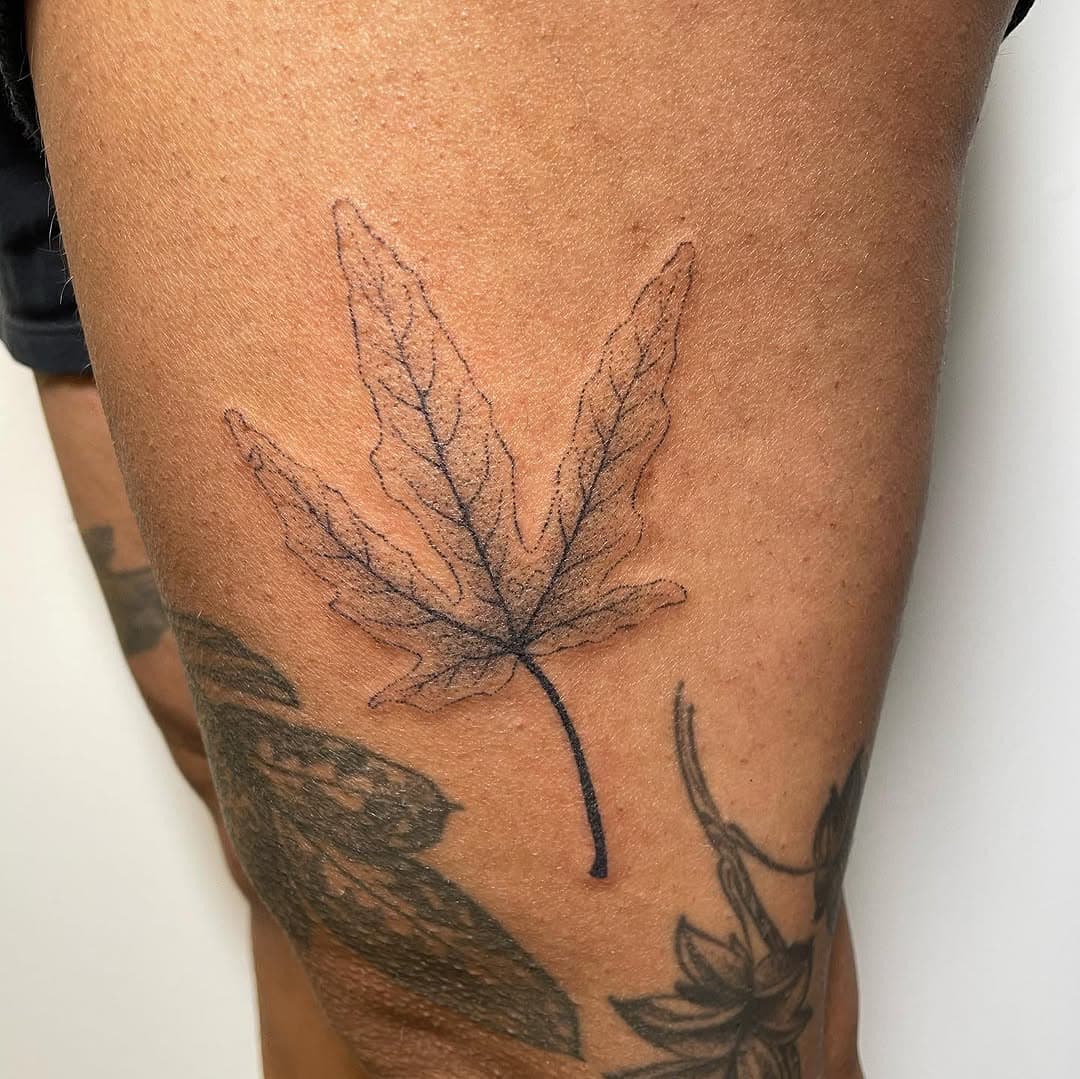 🍁 A leaf from my flash for fellow handpoker @_thisthat done at @loveyoubyetatco just outside of Philadelphia! Tattooing other tattoo artists, especially ones as skilled and talented as Marria, is always sooo nerve-wracking but also such a treat. Marria, thanks so much for trusting me with this lil guy and for the great conversation about our special niche lane of tattooing and the industry as a whole 💞

🌇 NYC— I still have time to tattoo you this Saturday, 12/21 at @estuarytattoo in Brooklyn! Big or small, custom or flash, I’m game! DM me if interested, or check out the proposal form on my 🕸️ site to get something started.

#handpokedtattoo #dotworktattoo #botanicaltattoos #naturetattoos #QTTR #queertattooartist #transtattooartist #machinefreetattoo