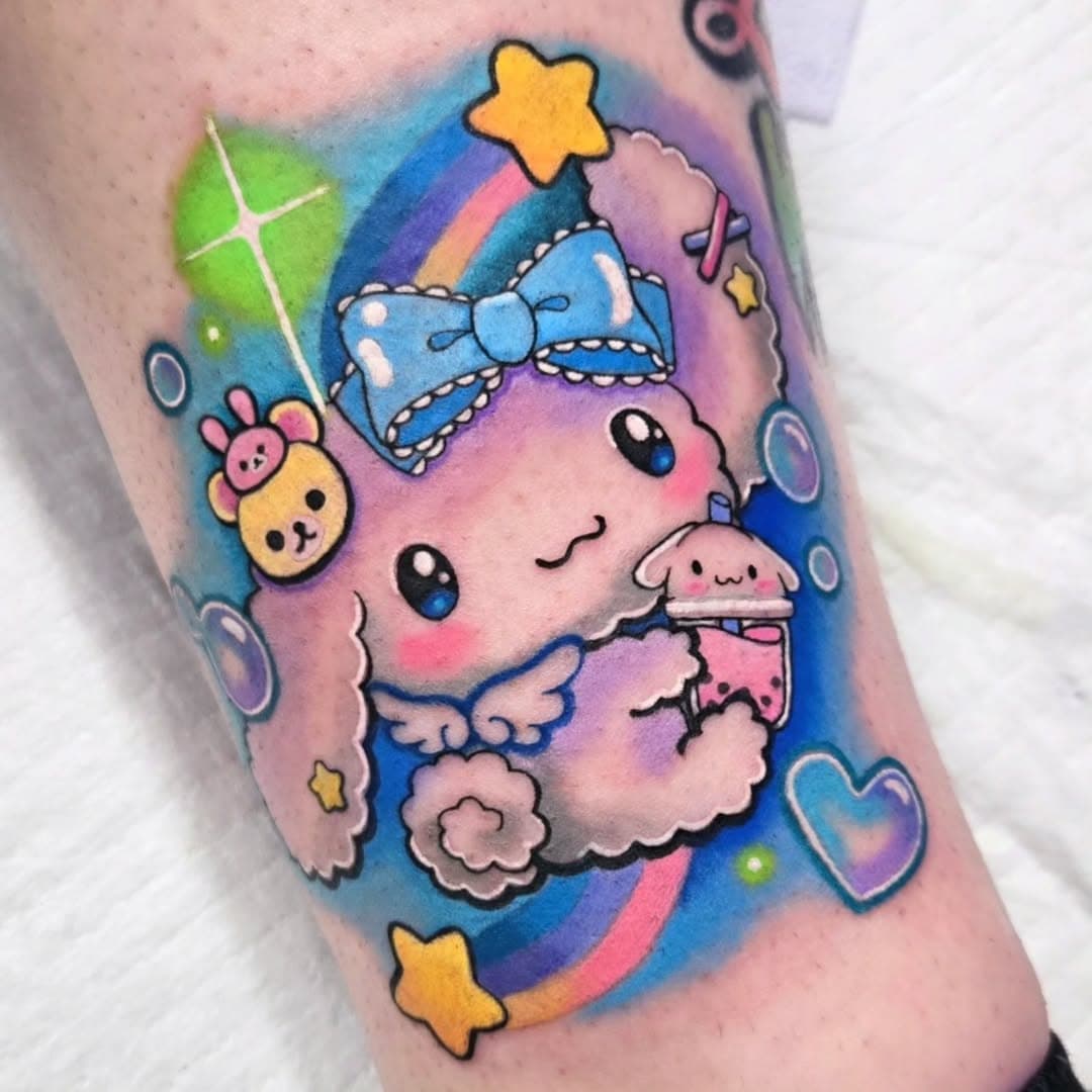 💙🤍 Who's your favourite Sanrio bb? 🤍💙 CINNAMOROLL done recently on a guest spot at @roserabbittattoo Brisbane... i love doing these cute lil guys! Hit me both book in your fave lil boo - carly.kawaii@outlook.com