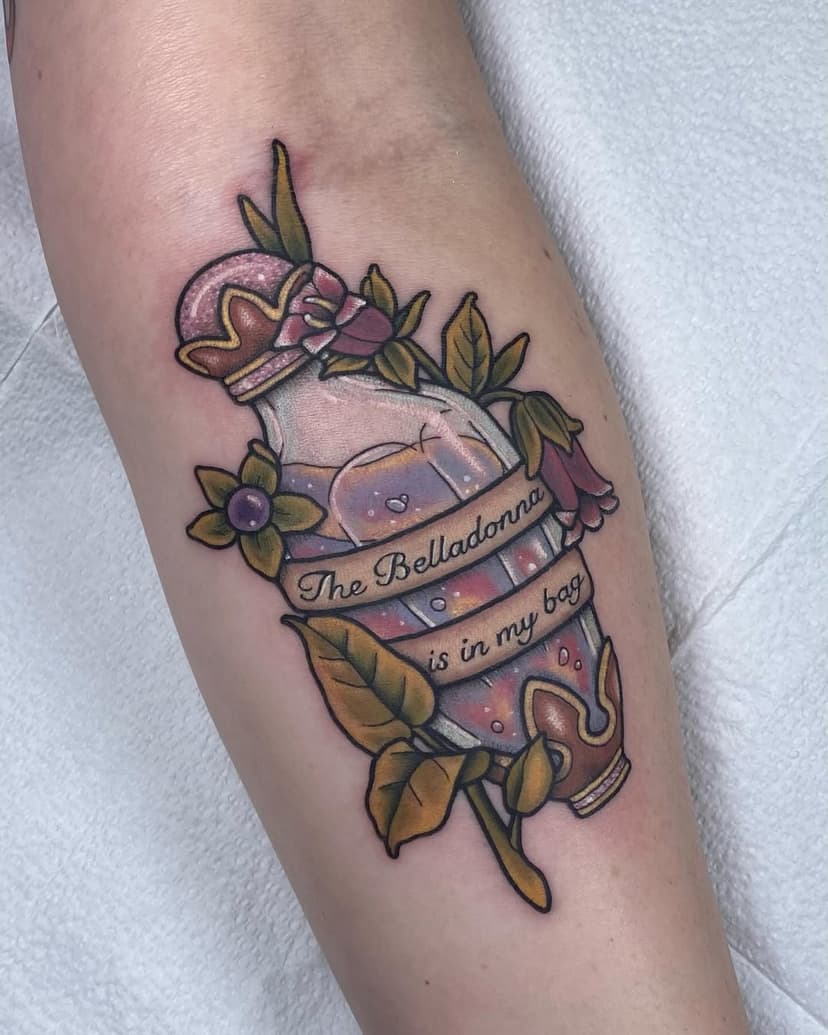 Custom 𝘗𝘳𝘢𝘤𝘵𝘪𝘤𝘢𝘭 𝘔𝘢𝘨𝘪𝘤 inspired poison bottle for @cttvnerd 💜 She got this one done as a matching tattoo with her beloved sister ✨ Thank you both for for the 2 sweet days of tattooing and chats ☺️
•
•
•
•
•
#longbeachtattoo #longbeachtattooartist #losangelestattoo #losangelestattooartist #latattoo #latattooartist #anaheimtattoo #anaheimtattooartist #neotrad #neotraditionaltattoo #practicalmagic #practicalmagictattoo #poisonbottletattoo #classicculture