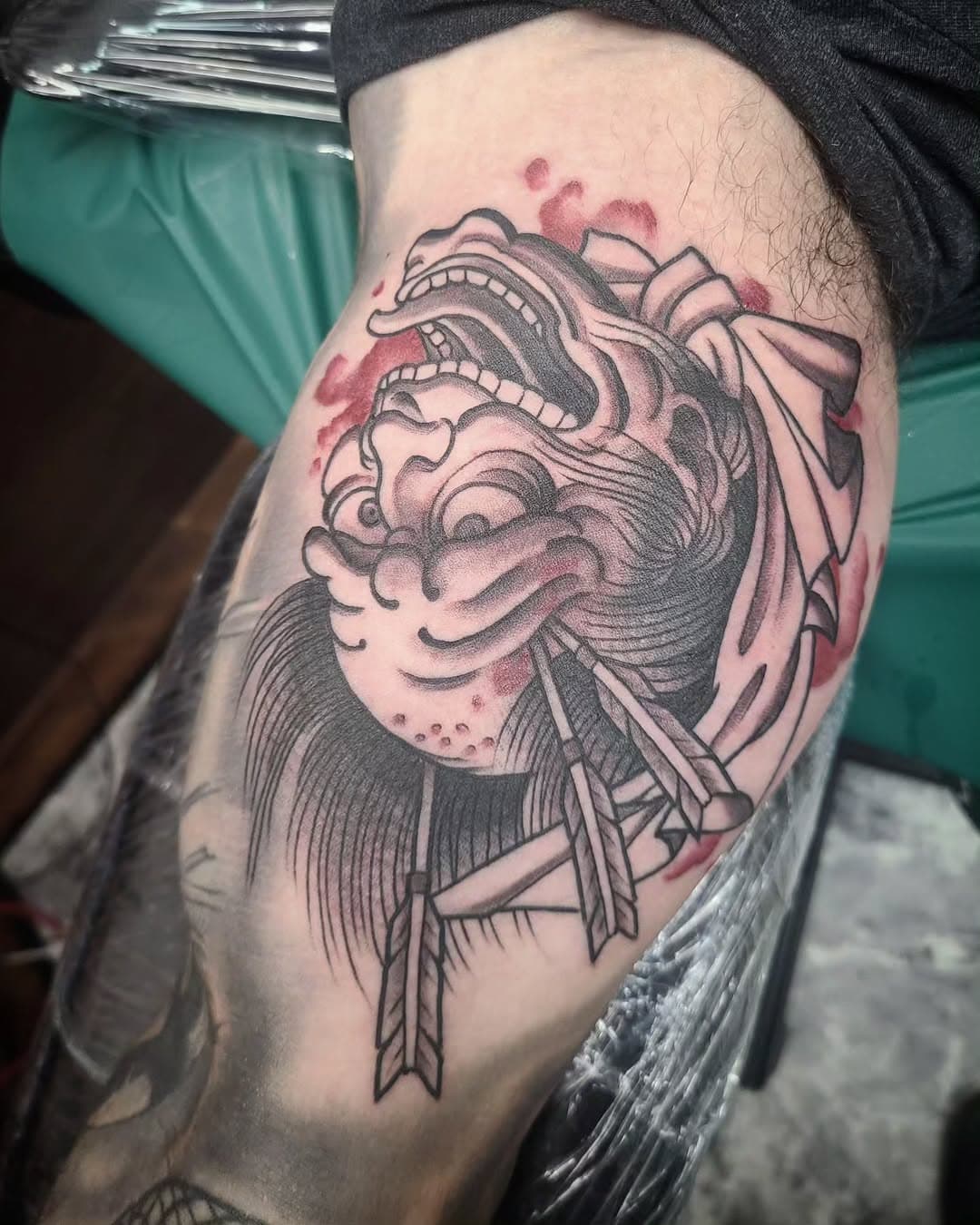 Severed head for Nino's arm.
•
David loves to work on Japanese inspired stuff, 
Book your own appointment at americantattoostudios.com
Or stop in to check out his available designs
•
#americantattoostudios
#drvodkatattoos #clevelandtattooartist #ohiotattooers #japaneseinspired #blackandgrey #headless