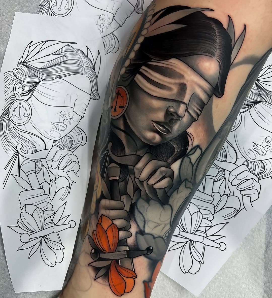 Lady justice done for Nikita, bit of a cover up working over some faint lines. Really enjoyed this piece! Taking bookings for January 🤠 looking forward to hearing your ideas!! 
.
.
.
.
.
.
#ladyjustice #justicetattoo #ladyjusticetattoo #andjusticeforall #neotrad #neotraditional #uktattoos #uktattooer #ntgallery #neotradsub #blackpooltattoo #neotraduk