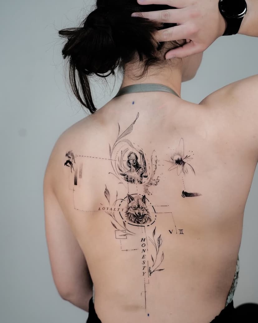 - @dubaihillstattoo 8-15//January 🇦🇪 guest 📍
- Back concepts // fineline // geometric // Cover up
A small overview of some of the back projectors in recent times. I’m always happy to implement these special places.

#backtattoo #backpiece #rückentattoo #nrw #köln #blackandgreyink #linetattoo #concepttattoo #geometrictattoo #geometricartwork #geometrics 

Sponsor @emalla.official
