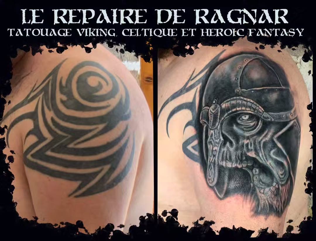 Un sacré Cover sur ce vieux tatouage tribal de 20 ans. 6h de travai et de rigolades, ou presque😅.
#tattoocover #cover #tattoo #tatouage #viking #skull #Ragnar#lerepairederagnar