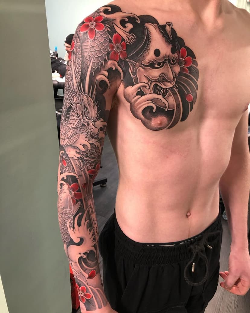 His first tattoo 😮‍💨💪🏼 #cosmictattoo #japanesetattoo #japanesetattoos #japanesesleeve #hannyamask #hannyatattoo #koi #koitattoo #dragon #dragontattoo #essextattoo #colchestertattoo