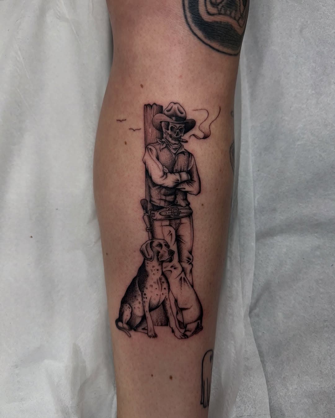 My client wanted a bad ass skeleton cowboy with a dog that resembled hers. Had a blast tattooing this for Isla.