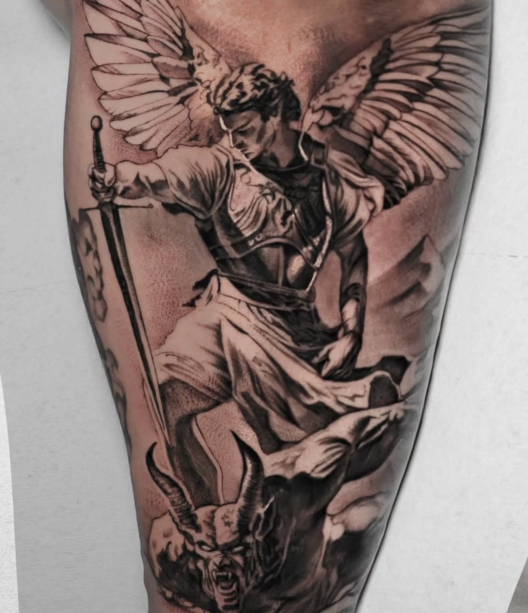 St. Michael done with @hivecups @bishoprotary @ambitiontattoo_amz @dynamiccolor @kingpintattoosupply @painfulpleasures #saltycrowtattoo #thesaltycrowtattoo #newbraunfels #atx #austintx #sanantonio