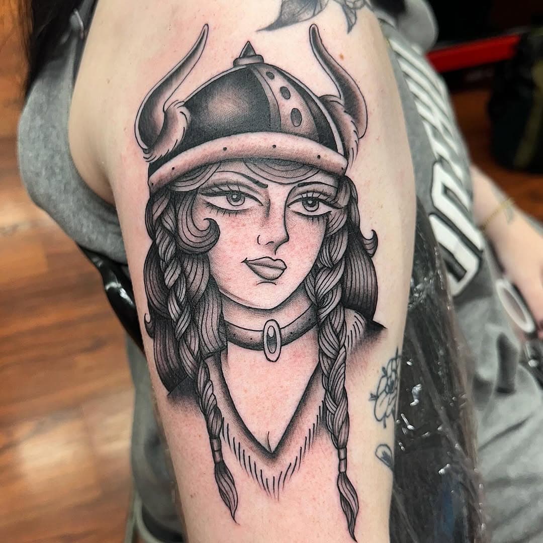 Viking lady head made today @goodlucktattoosc